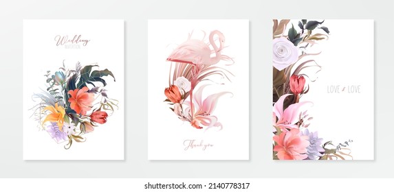 Arte de flamingo tropical, conjunto de marcos de invitación de boda; flores, hojas, acuarela. Hierba esbozada, huerta floral y hierbas aromáticas con hojas de palma verdes. Estilo de la acuarela del vector dibujado a mano, arte de la naturaleza.