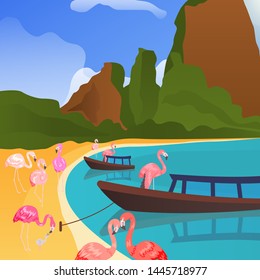 Tropical flamingo background. Summer time banner vector illustration. Pink male and female flamingos, couples and children near boats in water. Exotic Hawaii with tropical birds.