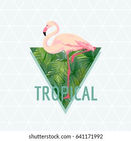 Tropical Flamingo Bird Background. Summer Design. Vector. T-shirt Fashion Graphic. Exotic.