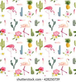 Tropical Flamingo Bird and Cactus Background. Seamless Pattern. Vector