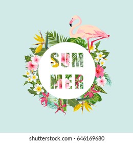 Tropical Flamingo Bird and Flowers Background. Summer Design. Vector. T-shirt Fashion Graphic. Exotic.