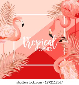 Tropical Flamingo Birds and Golden Palm Leaves Summer Banner, Graphic Background, Exotic Floral Invitation, Flyer or Card. Modern Front Page in Vector