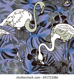 Tropical flamingo with blue palm leaves. Floral vector seamless pattern. 