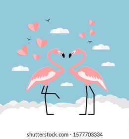 Tropical flamingo couple in paper art cut style. Cloud with heart float on the sky. Illustration of love and valentine. In light blue and pink colors, pastel color. Romantic invitation cards. Vector