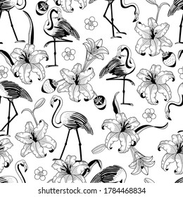 Tropical Flamingo Floral Black and White Vector Seamless Pattern