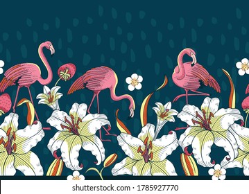 Tropical Flamingo and Floral Vector Horizontal Seamless Border.