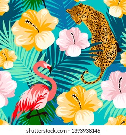 Tropical flamingo, leopard floral jungle seamless pattern.  Animal print pattern with colorful  tropical leaves and flowers in turquoise background. Coral color flamingo bird