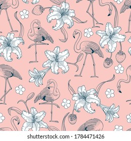 Tropical Flamingo and Lilies Pastel Sketched Vector Seamless Pattern