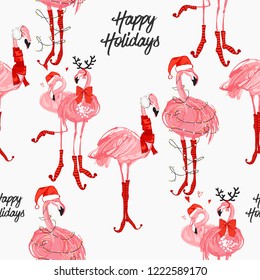Tropical flamingo on winter Christmas seamless pattern. Hand drawn illustration. Vector watercolor seamless background. Decoration on white backdrop.