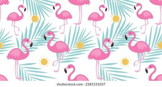  Tropical flamingo pattern seamless with tropical leaves and sun icon