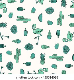 Tropical flamingo print for t-shirt, apparel, textile or wrapping. Wallpaper with nature and summer elements in black, white and green. Vector is seamless and repeatable.