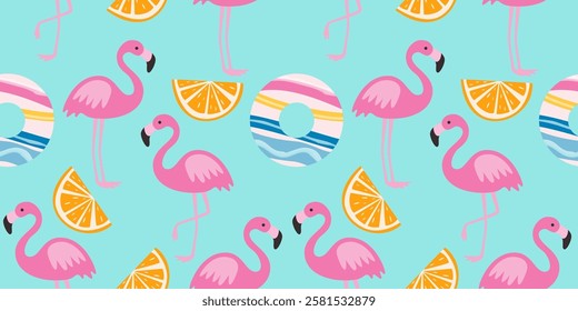 Tropical flamingo seamless pattern with orange and float ring