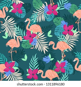 Tropical flamingo seamless pattern, vivid tropic foliage, with monstera leaf, palm leaves, flower in bloom.  