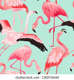 Tropical Flamingo seamless vector summer pattern. Exotic Pink Bird background for wallpapers, web page, texture, textile.