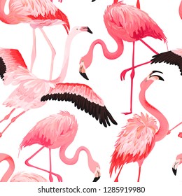Tropical Flamingo seamless vector summer pattern. Exotic Pink Bird background for wallpapers, web page, texture, textile. Nature Wildlife Fauna Design