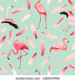 Tropical Flamingo seamless vector summer pattern with pink feathers. Exotic Pink Bird background for wallpapers, web page, texture, textile. Animal Wildlife Design