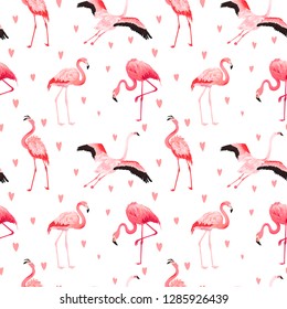 Tropical Flamingo seamless vector summer pattern with hearts. Exotic Pink Bird background for wallpapers, web page, texture, textile. Animal Wildlife Design