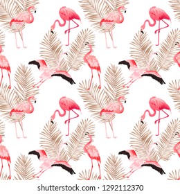 Tropical Flamingo seamless vector summer pattern with golden palm leaves. Bird and Floral background for wallpapers, web page, texture, textile