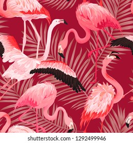 Tropical Flamingo seamless vector summer pattern with Golden Palm Leaves. Bird and Floral background for wallpapers, web page, texture, textile