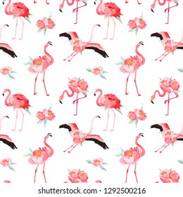 Tropical Flamingo seamless vector summer pattern with peony flowers. Floral and Bird background for wallpapers, web page, texture, textile, backdrop