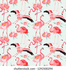 Tropical Flamingo seamless vector summer pattern with peony flowers. Floral and Bird background for wallpapers, web page, texture, textile, backdrop