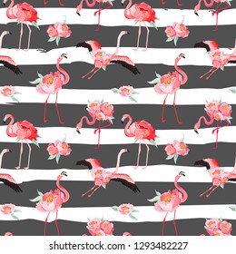 Tropical Flamingo seamless vector summer pattern with peony flowers. Floral and Bird background for wallpapers, web page, texture, textile, backdrop