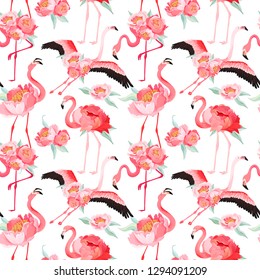 Tropical Flamingo seamless vector summer pattern with peony flowers. Floral and Bird background for wallpapers, web page, texture, textile, backdrop