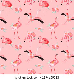Tropical Flamingo seamless vector summer pattern with peony flowers. Floral and Bird background for wallpapers, web page, texture, textile, backdrop