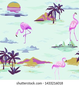 Tropical Flamingo seamless vector summer pattern with tropic palm trees. Bird background for wallpapers, web page, texture, textile.