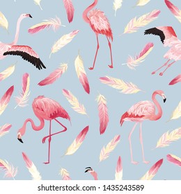 Tropical Flamingo seamless vector summer pattern with pink feathers. Bird background for wallpapers, web page, texture, textile.