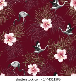Tropical Flamingo seamless vector summer pattern with Golden Palm Leaves