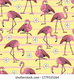 Tropical Flamingo Striped Vector Seamless Pattern