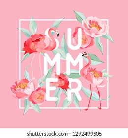 Tropical Flamingo vector summer flyer, banner with peony flowers background. Floral and Bird Graphic for wallpaper, web page, backdrop