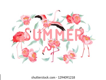 Tropical Flamingo vector summer flyer, banner with peony flowers background. Floral and Bird Graphic for wallpaper, web page, backdrop - Vector 