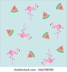 Tropical flamingo watermelon seamless vector pattern.