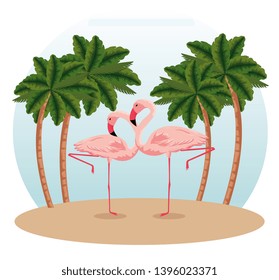 tropical flamingos with exotic palms trees