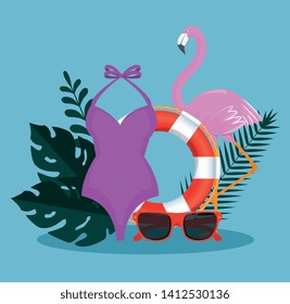 tropical flamish with float and sunglasses with swimsuit and leaves