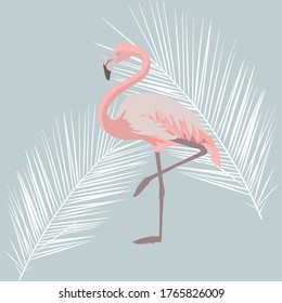 tropical flat color illustration pink plamingo white palm leaves blue background 