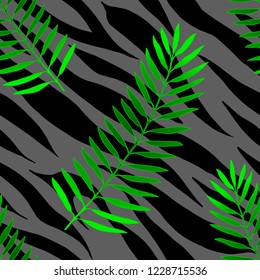 Tropical flora banana palm leaves jungle on tiger or porpoising fur skin exotic seamless pattern vector repeated tiles background