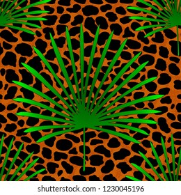 Tropical flora banana palm leaves jungle on leopard or jaguar fur skin exotic seamless vector pattern background