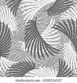 Tropical flora banana palm leaves jungle on zebra fur skin. Exotic seamless vector pattern background. Monochrome tropical nature organic illustration. Trendy background with palm texture.