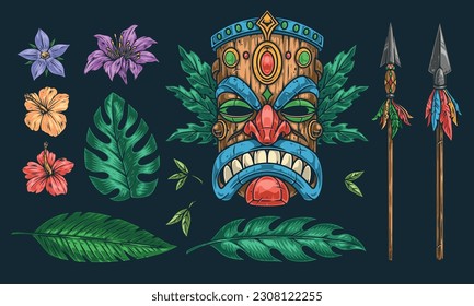 Tropical flora colorful set sticker with plant leaves and flowers from exotic trees near tiki mask vector illustration