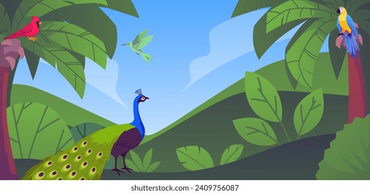 Tropical flora and fauna paradise nature vector illustration. Beautiful wild landscape with palm trees, jungle forest. Exotic hummingbird, Ara or Macaw parrot, peacock, red cardinal birds