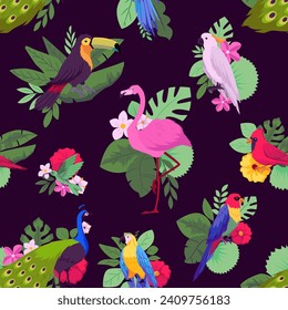 Tropical flora and fauna paradise vector seamless pattern on dark. Jungle hummingbird, toucan, Ara parrot, peacock, flamingo and red cardinal birds. Beautiful exotic blossom wild flowers, palm leaves
