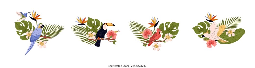 Tropical flora and fauna vector illustration paradise set. Jungle cockatoo, toucan, aru and red cardinal birds. Beautiful exotic blossom wild flowers strelitzia and magnolia, monstera palm leaves