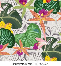 Tropical flora and leaves vector pattern, repeating Monstera leaves, Orchid flower, and Calathea Orbifolia leaves with abstract linear flower in background . Pattern is clean for fabric, wallpaper, pr