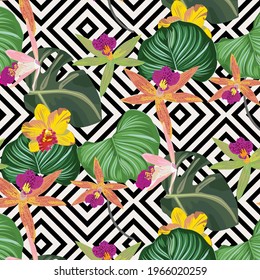 Tropical flora and leaves vector pattern, repeating Monstera leaves, Orchid flower, and Calathea Orbifolia leaves with abstract linear diamond shape in background