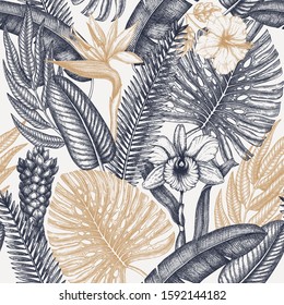 Tropical flora seamless pattern. Tropical plants, exotic flowers, citrus fruits, palm leaves sketches background. Hand drawn botanical backdrop for textile, wrapping paper, banner, packaging, fabric.