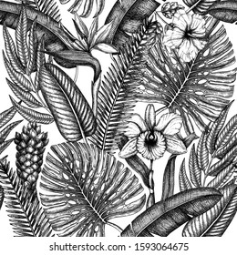 Tropical flora seamless pattern. Tropical plants, exotic flowers, citrus fruits, palm leaves sketches background. Hand drawn botanical backdrop for textile, wrapping paper, banner, packaging, fabric.