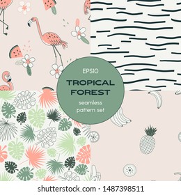 Tropical flora seamless pattern set. Jungle leaves, monstera, palm, flamingo. Exotic fruits. Striped print. Watermelon and pineapple. Decorative textile, wallpaper, wrapping paper vector design